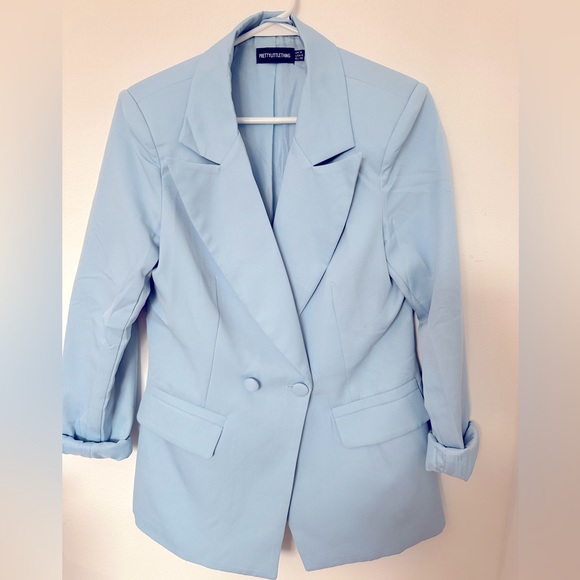 PrettyLittleThing Light Blue Woven Pocket Detail Double Breasted Blazer - Picture 8 of 9